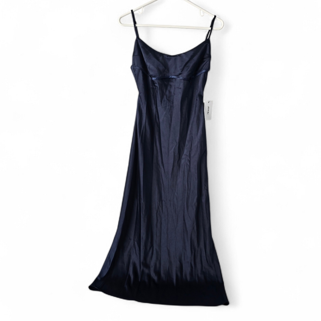 Nwt Jason Wu Navy Open Back Satin Formal Maxi Dress S Side Slit Piped Bodice